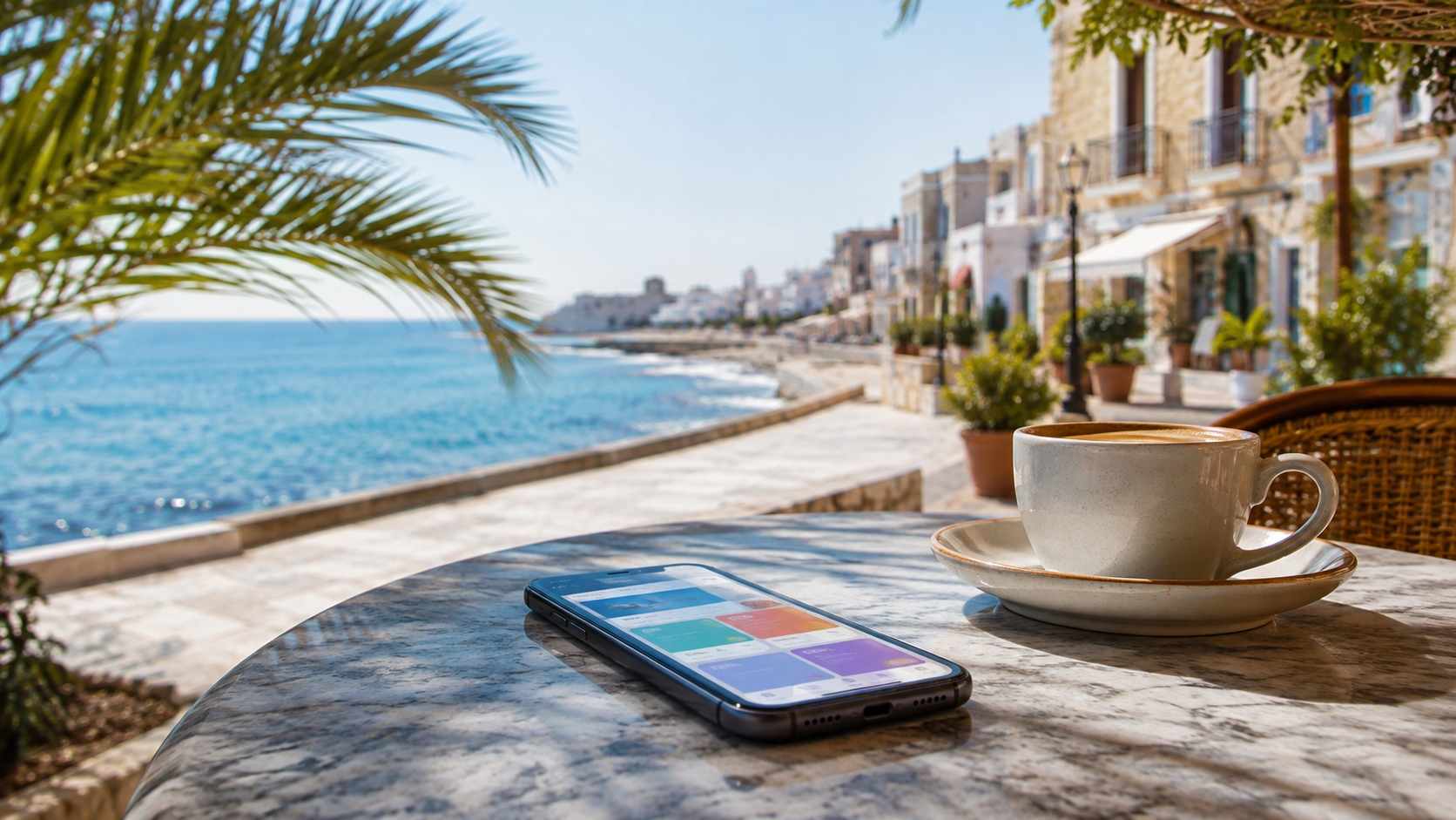 Smartphone mit digitalen Helfern am Meer auf Zypern