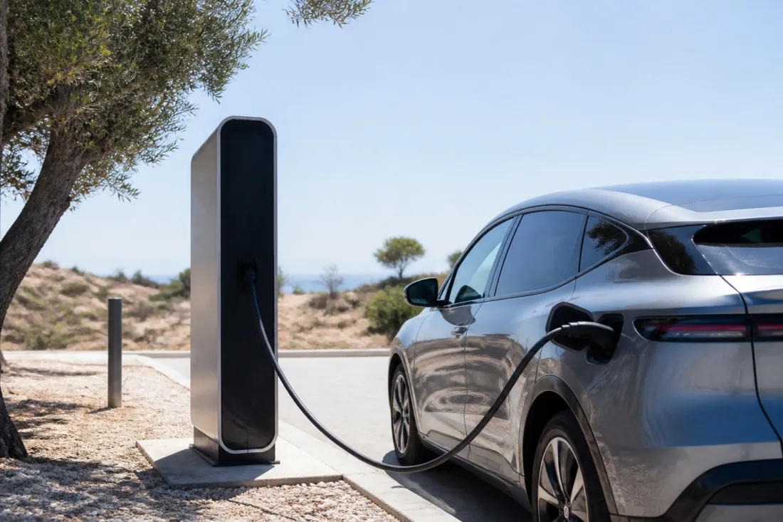 Elektroauto an einer modernen Ladesäule auf Zypern mit mediterraner Straße und trockener Landschaft im Hintergrund