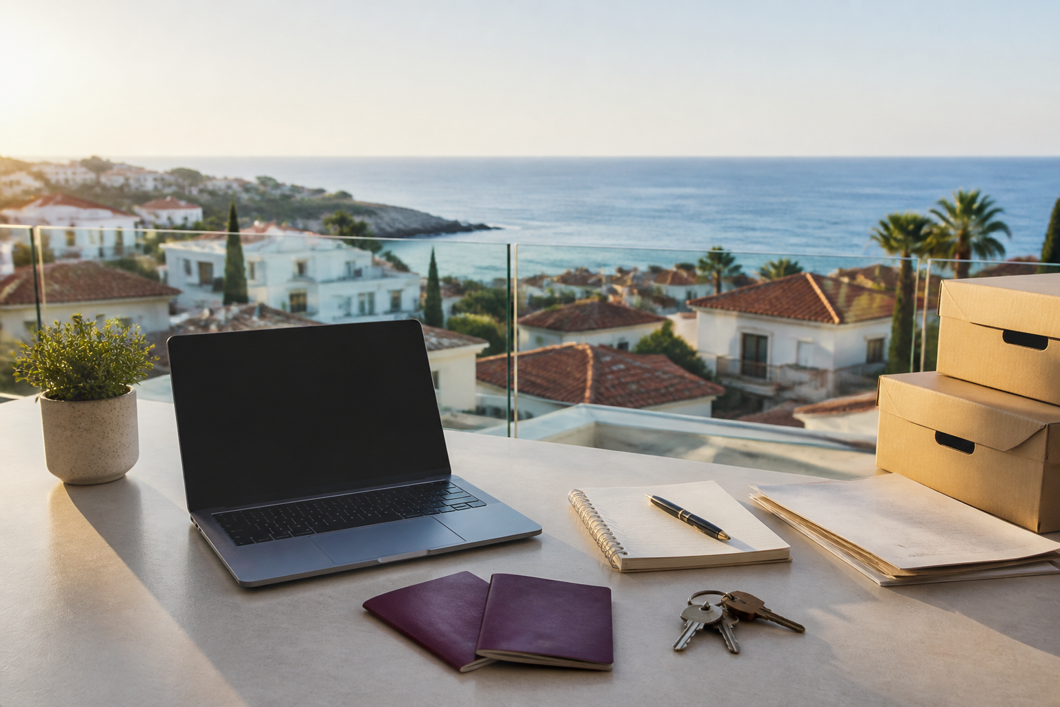 Deutschsprachige Familie und Unternehmer planen Auswanderung nach Zypern mit Laptop, Dokumenten und Blick auf mediterrane Küste