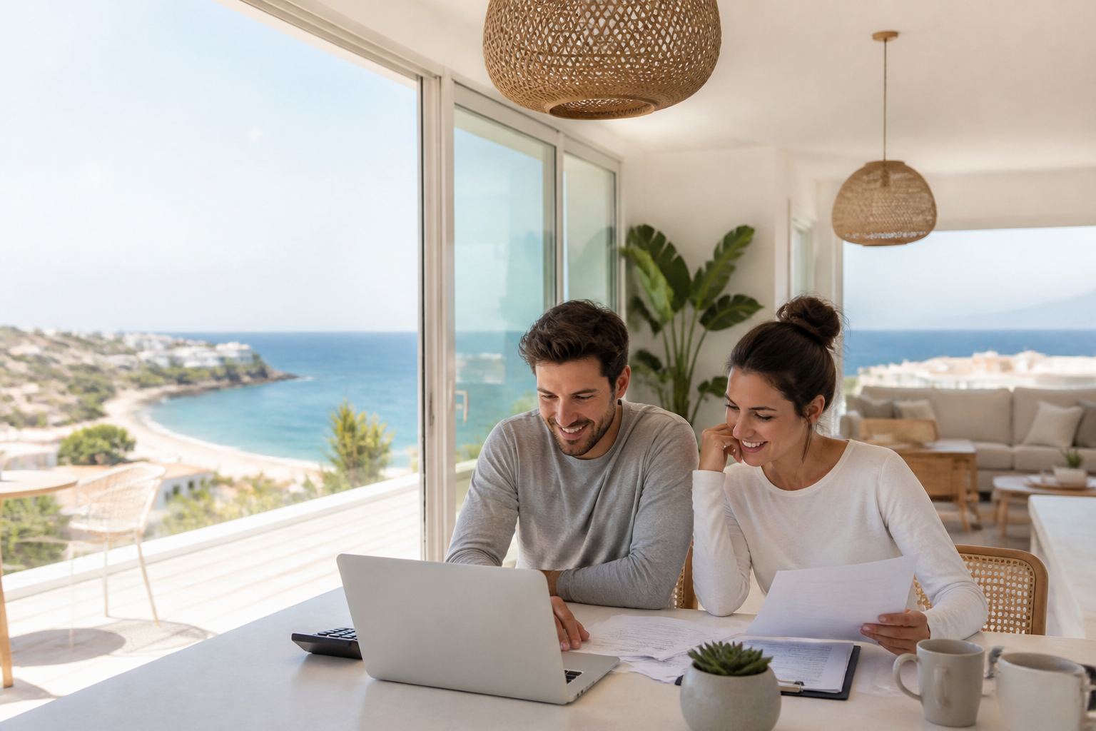 Deutschsprachige Familie und Unternehmer planen am Laptop ihren Umzug nach Zypern mit Blick auf mediterrane Küste