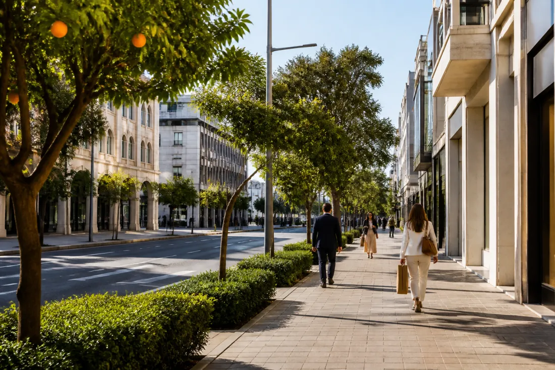 Bankgebäude und Straßenszene in Nikosia auf Zypern mit Menschen im Alltag, passend zum Thema Bankkonto und Auswanderung