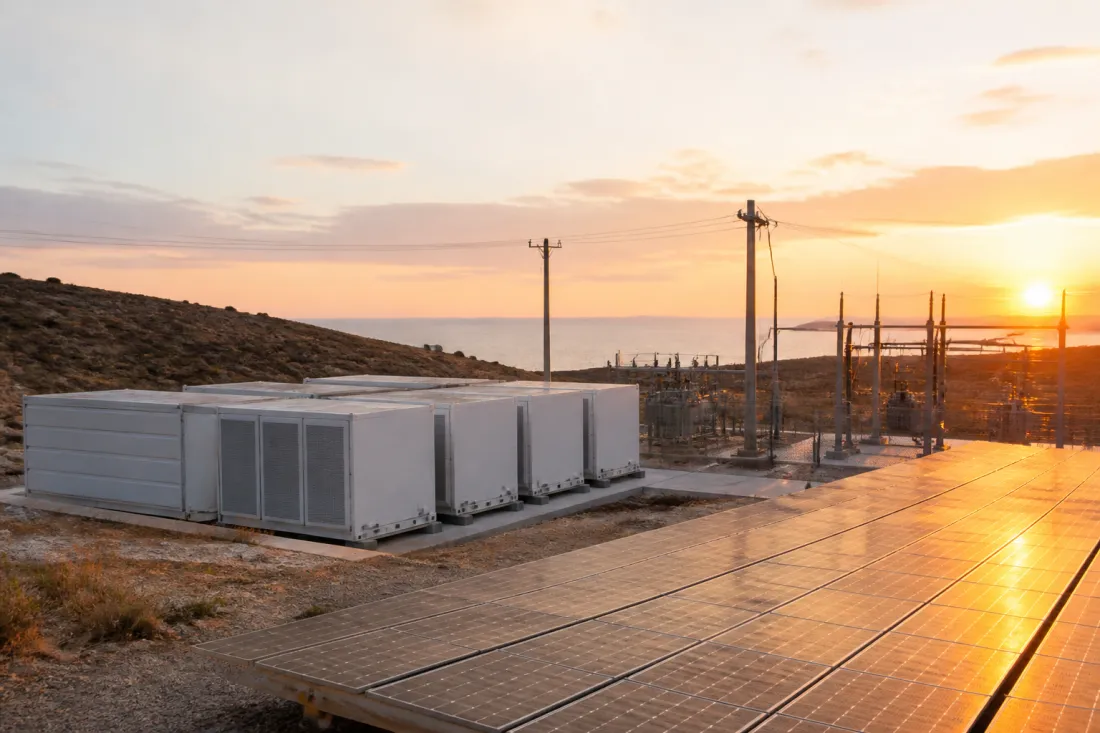 Batteriespeicher und Solaranlagen auf Zypern mit Stromleitungen und mediterraner Landschaft