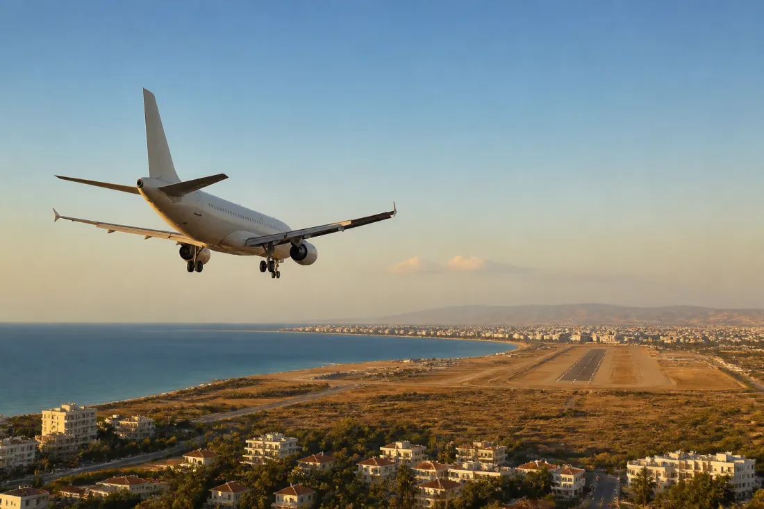 Cyprus Airways Flugzeug über Larnaca mit Blick auf Küste und Mittelmeer als Symbol für neue München-Verbindung