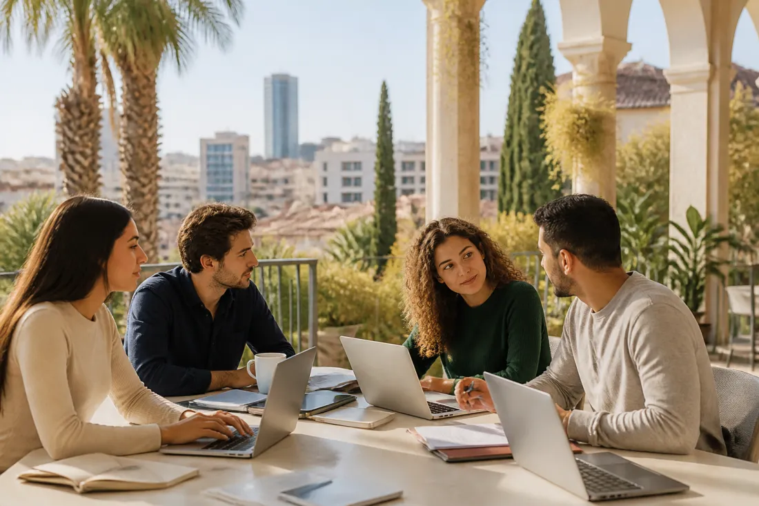 Moderne Universitätsszene auf Zypern mit Studierenden, Laptop und mediterraner Stadt im Hintergrund