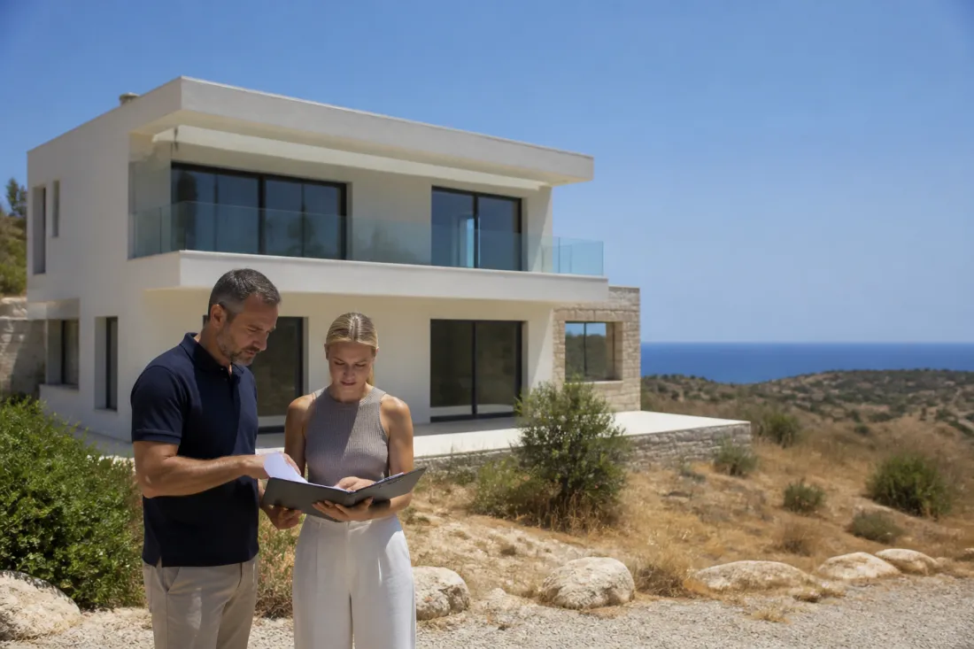 Immobilienbesichtigung auf Zypern mit Blick auf Wohnhäuser, trockene Landschaft und Mittelmeer im Hintergrund