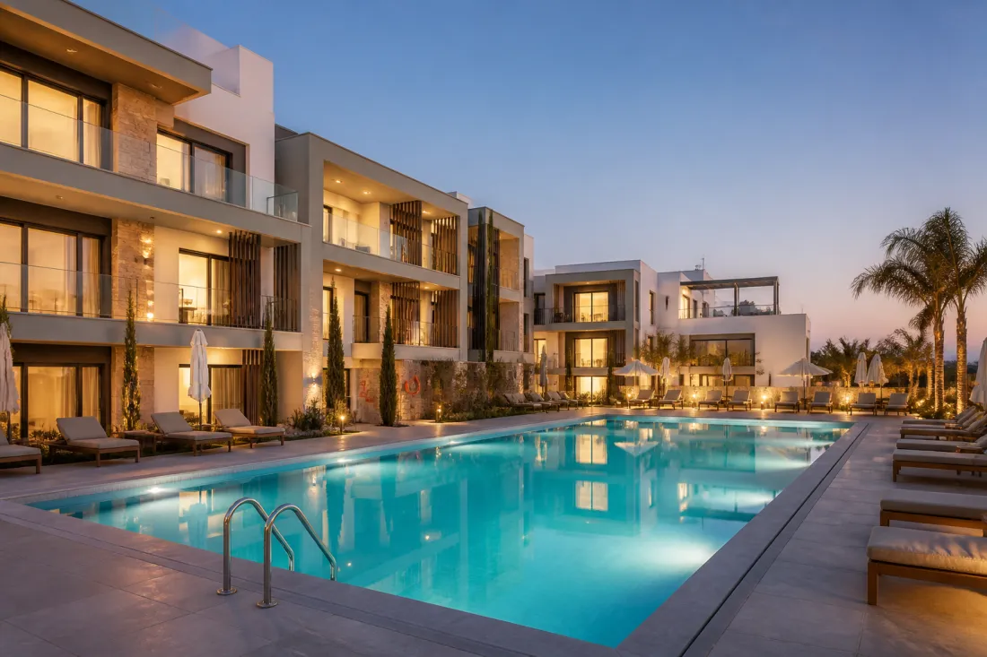 Swimmingpool in einer Apartmentanlage auf Zypern bei Abendlicht als Symbol für Pool-Sicherheit und Auswanderung mit Familie