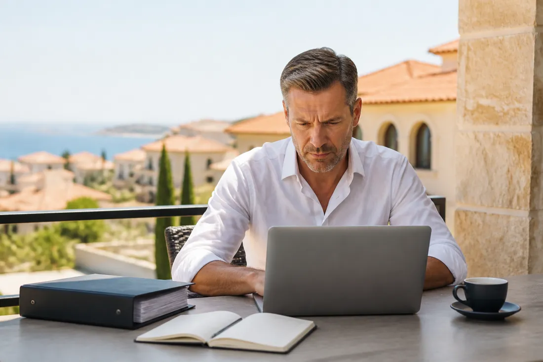 Unternehmer prüft Dokumente und Laptop auf einer Terrasse in Zypern mit Blick auf mediterrane Häuser