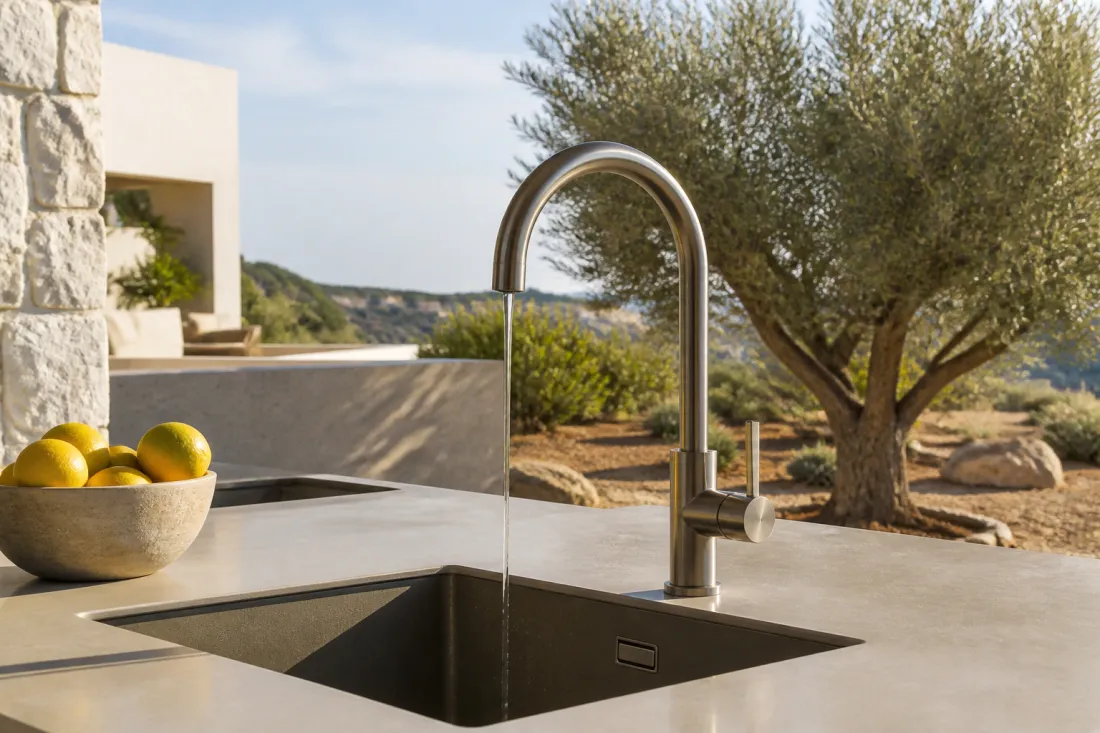 Wasserhahn mit sparsamem Wasserstrahl in einem modernen Haus auf Zypern bei trockenem mediterranem Garten im Hintergrund