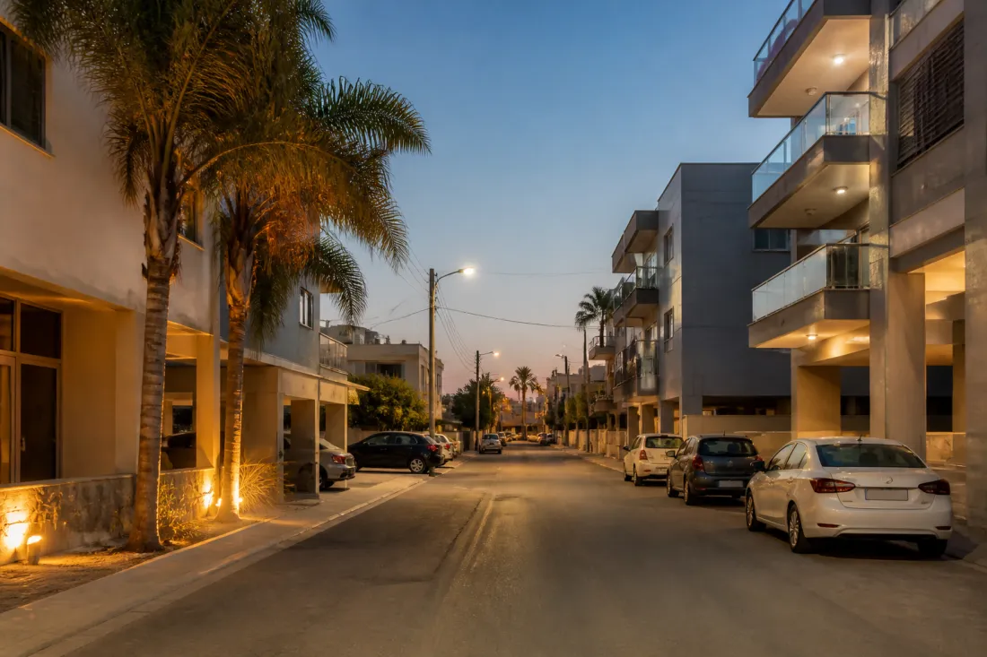 Wohnstraße in Larnaka auf Zypern mit Apartmenthäusern, Eingangstüren und warmer Abendbeleuchtung als Symbol für Wohnsicherheit