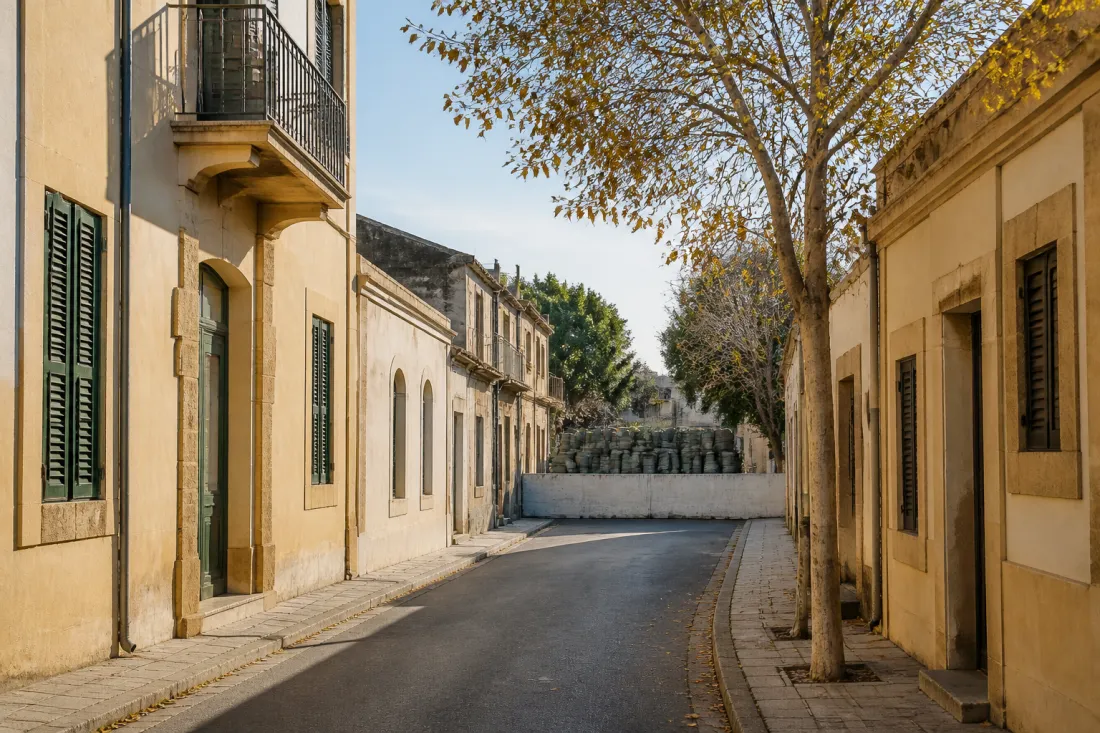 Geteilte Straße in Nikosia auf Zypern mit neutraler Pufferzonen-Atmosphäre und mediterraner Stadtlandschaft