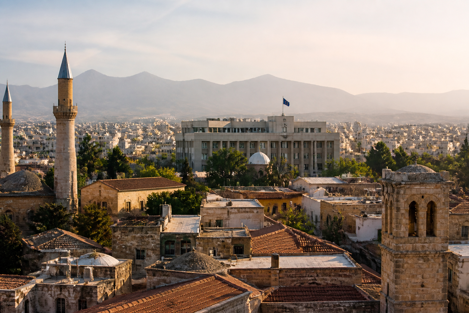 Blick auf die geteilte Stadt Nikosia mit moderner EU-Flagge und zyprischer Altstadt im Abendlicht