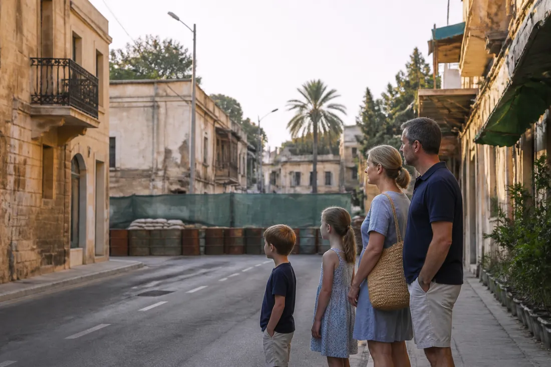 Familie blickt in Nikosia auf eine Straße nahe der Green Line mit zyprischer Stadtkulisse im Hintergrund