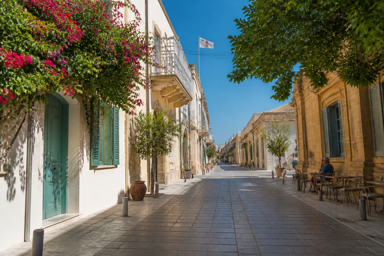 Sommerhitze in Nikosia auf Zypern mit sonniger Straße, hellen Häusern und Schattenplätzen