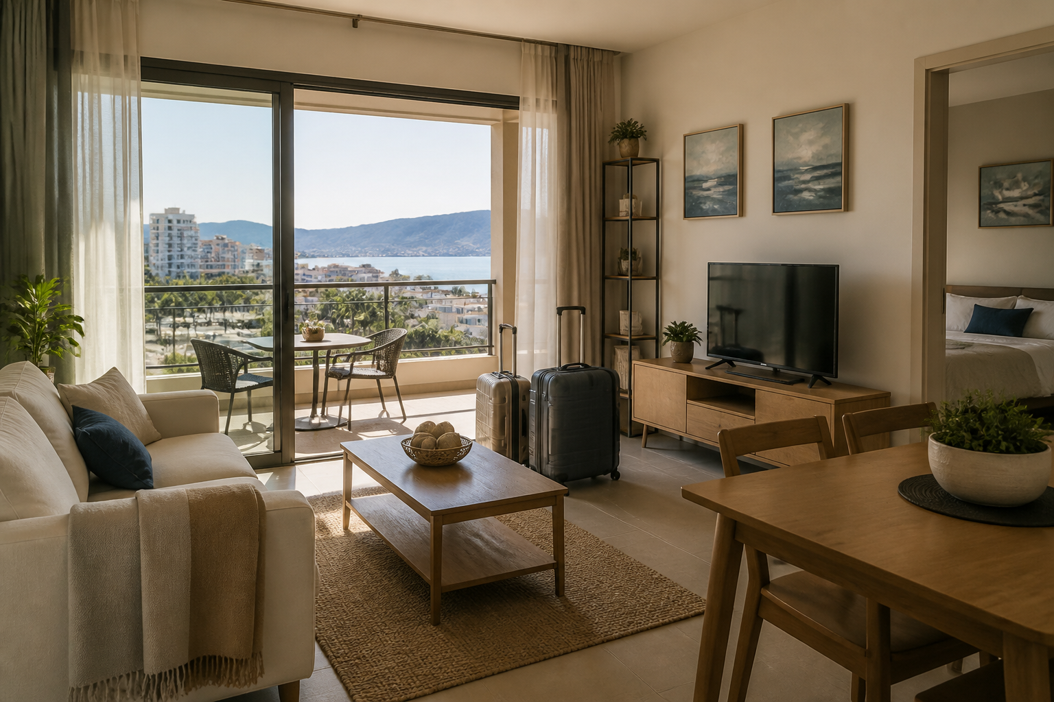 Möblierte Ferienwohnung auf Zypern mit Blick auf Küste und Stadt, Symbolbild für Unterkunftsprüfung vor dem Auswandern