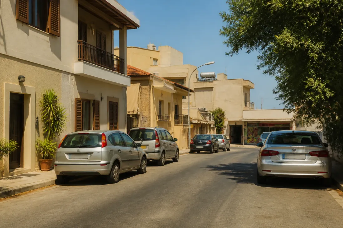 Alltag auf Zypern mit Supermarkt, Wohnhäusern und sommerlicher Straße als Symbol für Inflation und Lebenshaltungskosten