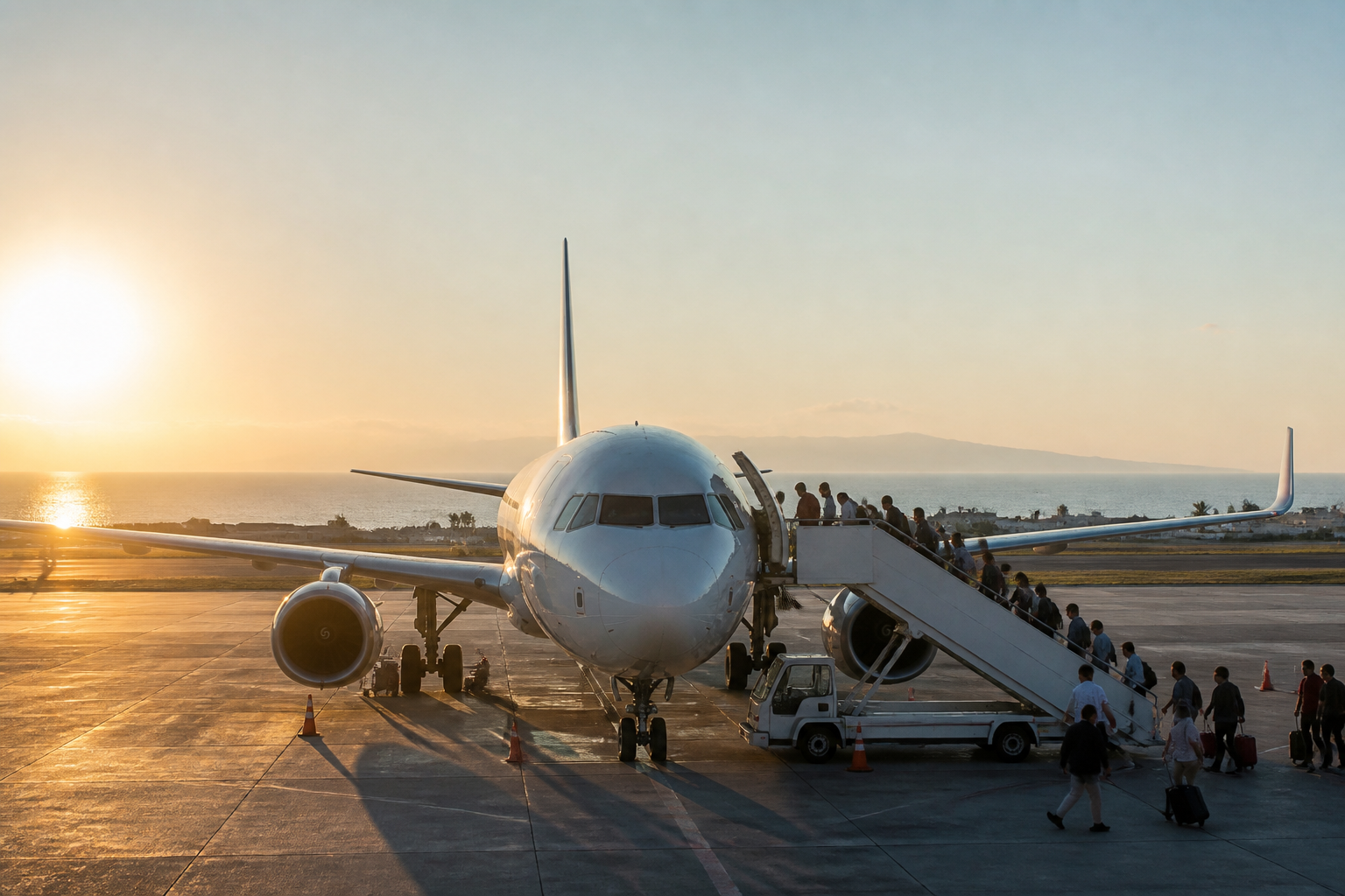 Flugzeug am Flughafen Larnaca auf Zypern bei Sonnenaufgang mit Reisenden und ruhiger Mittelmeer-Stimmung