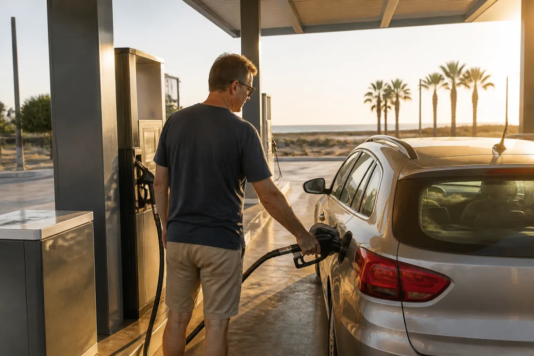 Tankstelle auf Zypern mit Auto im Abendlicht und mediterraner Straße im Hintergrund