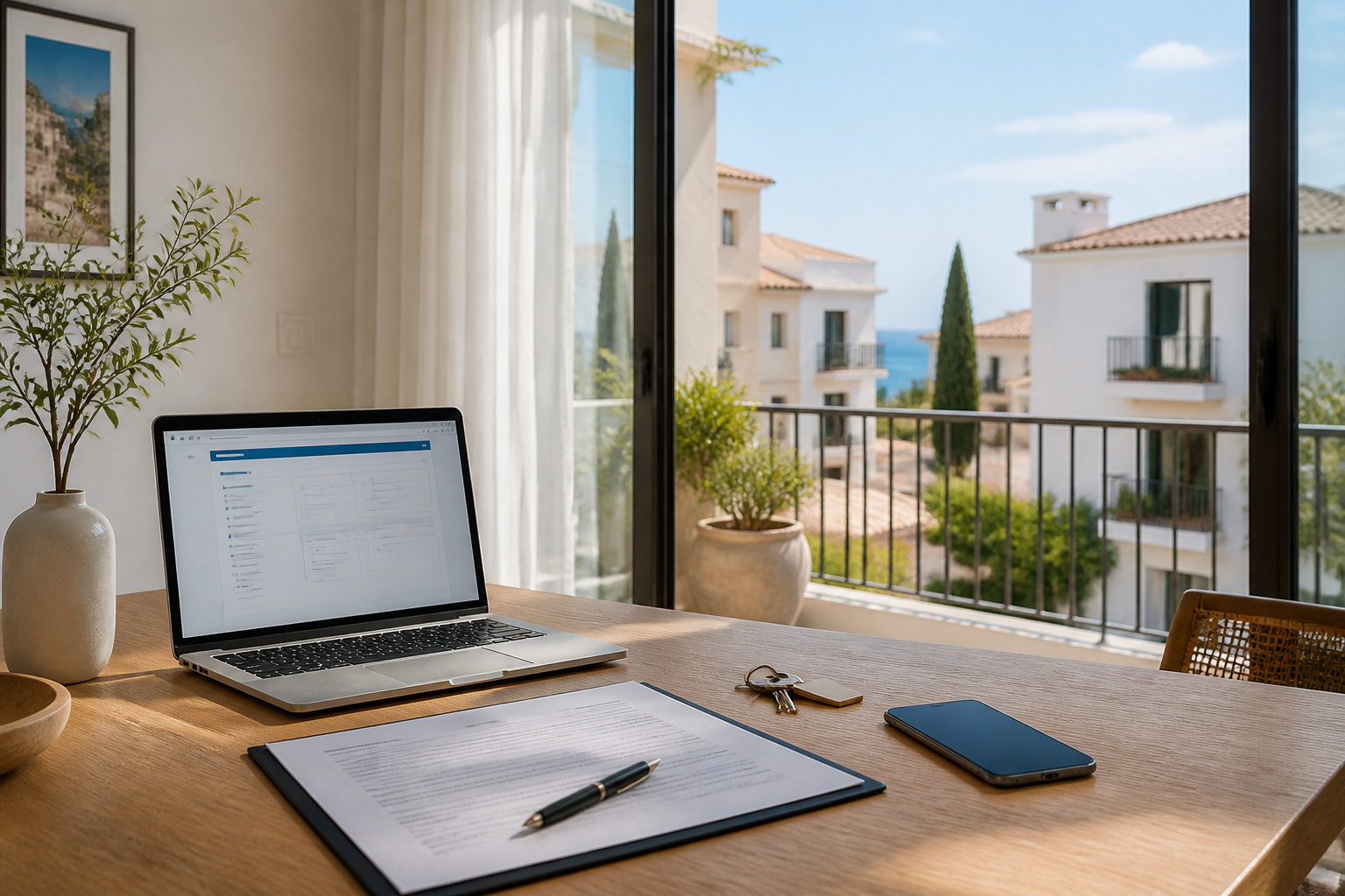 Mietvertrag und Laptop auf einem Tisch in einer hellen Wohnung auf Zypern mit Blick auf mediterrane Häuser