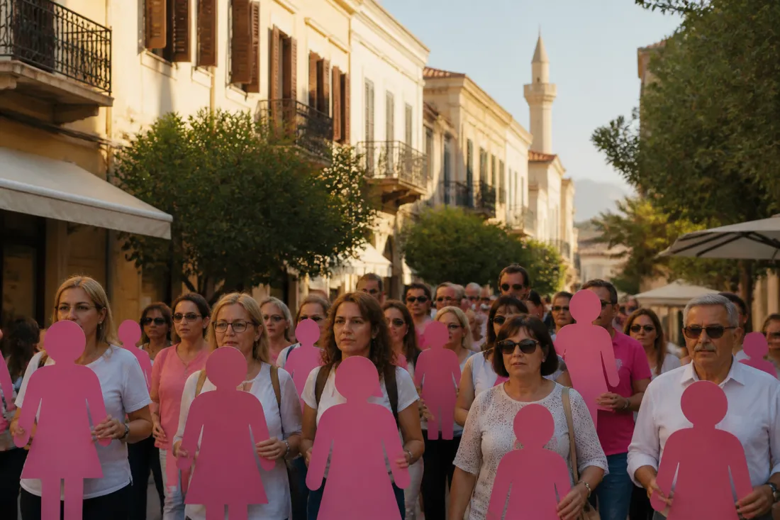 Pink-Figures-Marsch in Nikosia auf Zypern als Symbol für Krebsvorsorge und Gesundheitsplanung für Auswanderer
