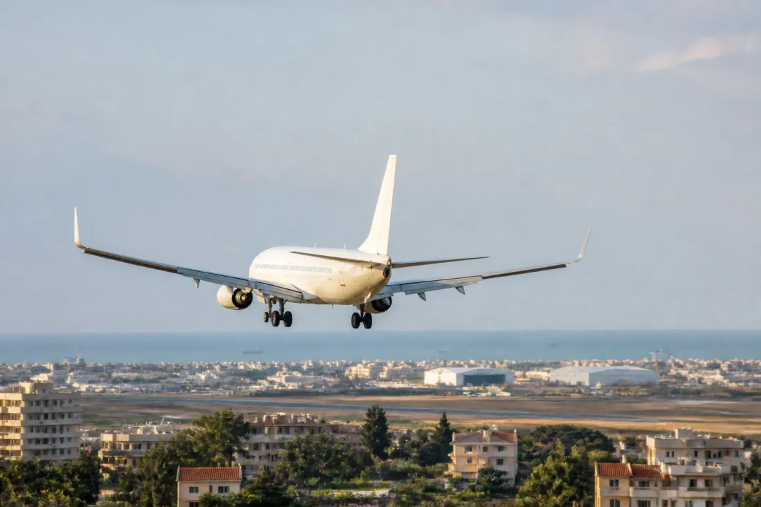 Flugzeug über Larnaka auf Zypern mit Küste und moderner Stadt im Hintergrund