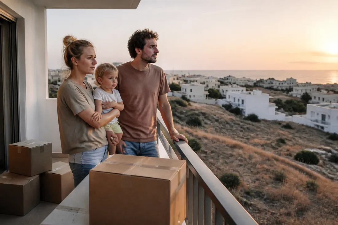 Deutschsprachige Familie mit Umzugskartons auf einem Balkon auf Zypern, im Hintergrund mediterrane Häuser und Meer, nachdenkliche realistische Stimmung