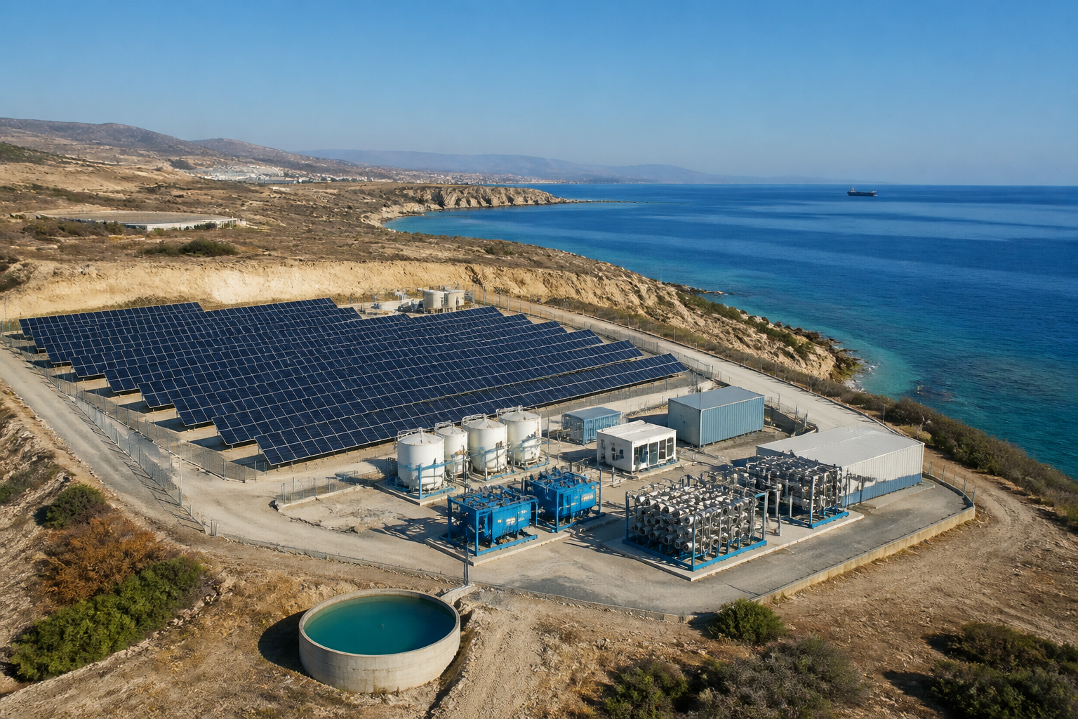 Solarbetriebene Wasserentsalzung an der Küste Zyperns mit Meer, Sonne und moderner Infrastruktur