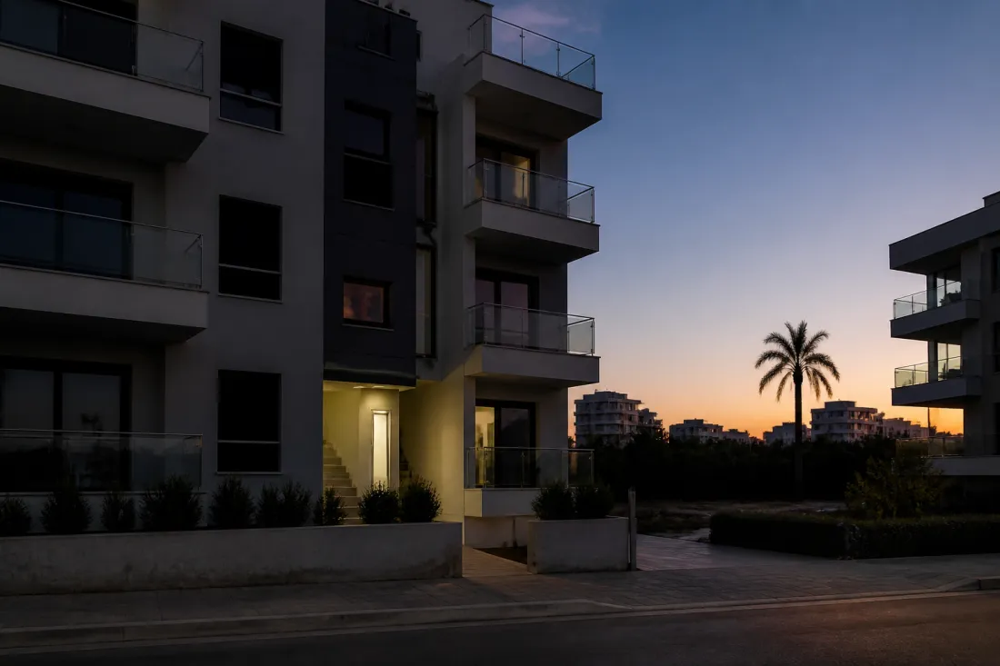 Stromausfall auf Zypern 2026: Wohnhaus mit Aufzug, Notbeleuchtung und sommerlicher Stadtumgebung