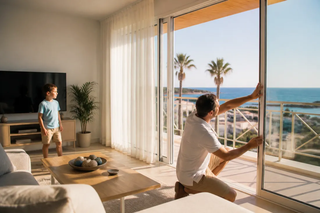 Familie prüft ein Apartmentfenster und einen Balkon in Paphos auf Zypern bei Tageslicht