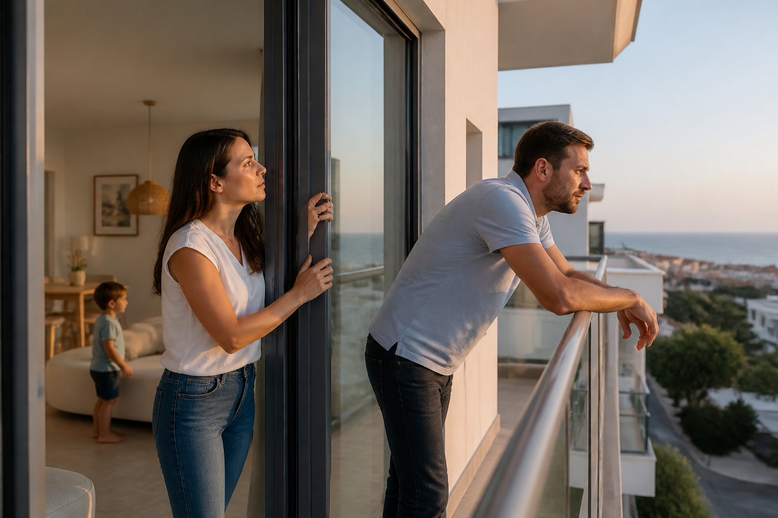 Familie prüft Balkon und Fenster einer Ferienwohnung in Paphos auf Zypern bei Abendlicht