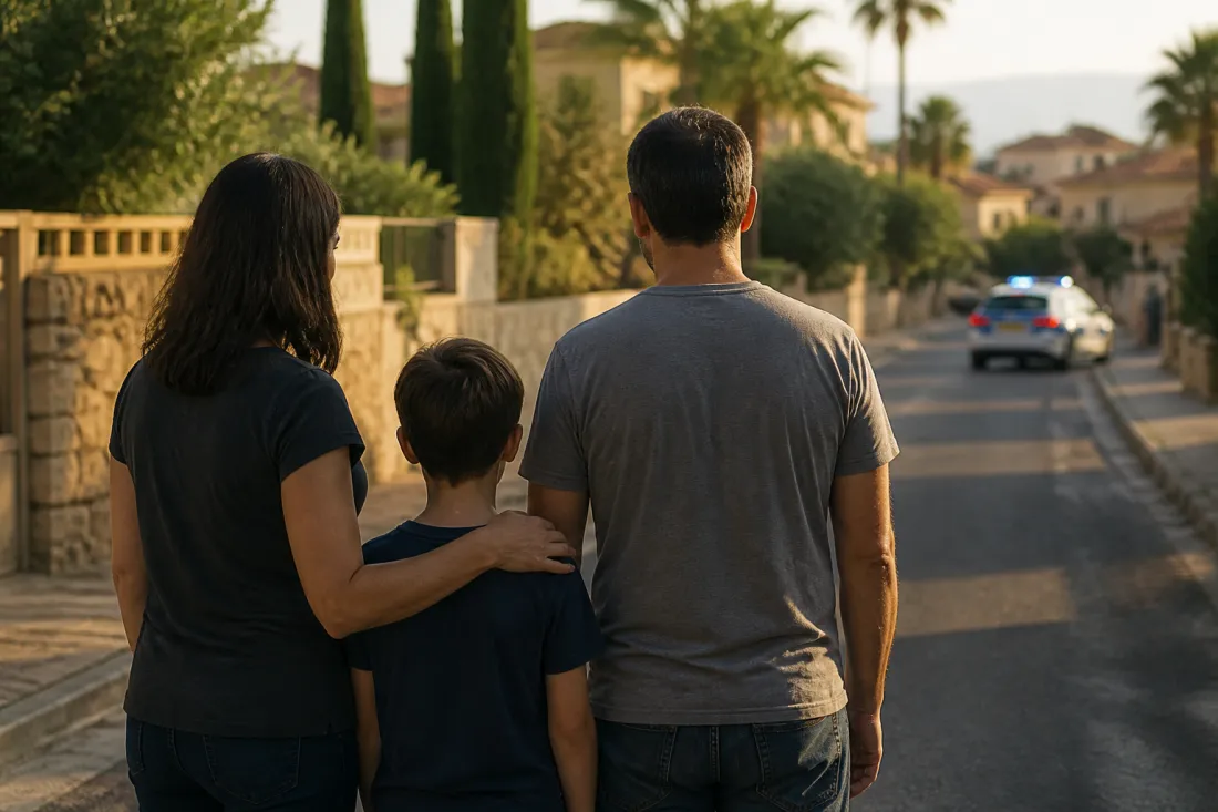 Familie in einer Wohnstraße in Paphos auf Zypern mit Polizei- und Behördenbezug im Hintergrund