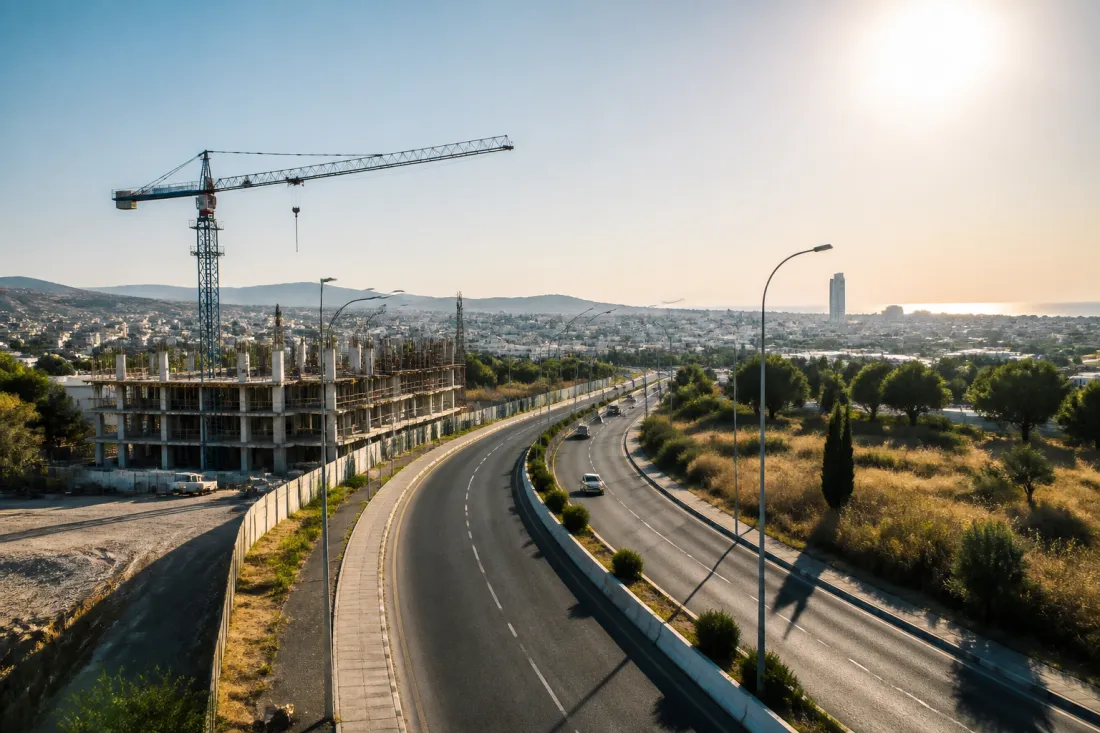 Blick auf eine moderne Straße und Baustelle in Zypern mit mediterraner Landschaft als Symbol für Infrastruktur und Entwicklungsbudget 2026