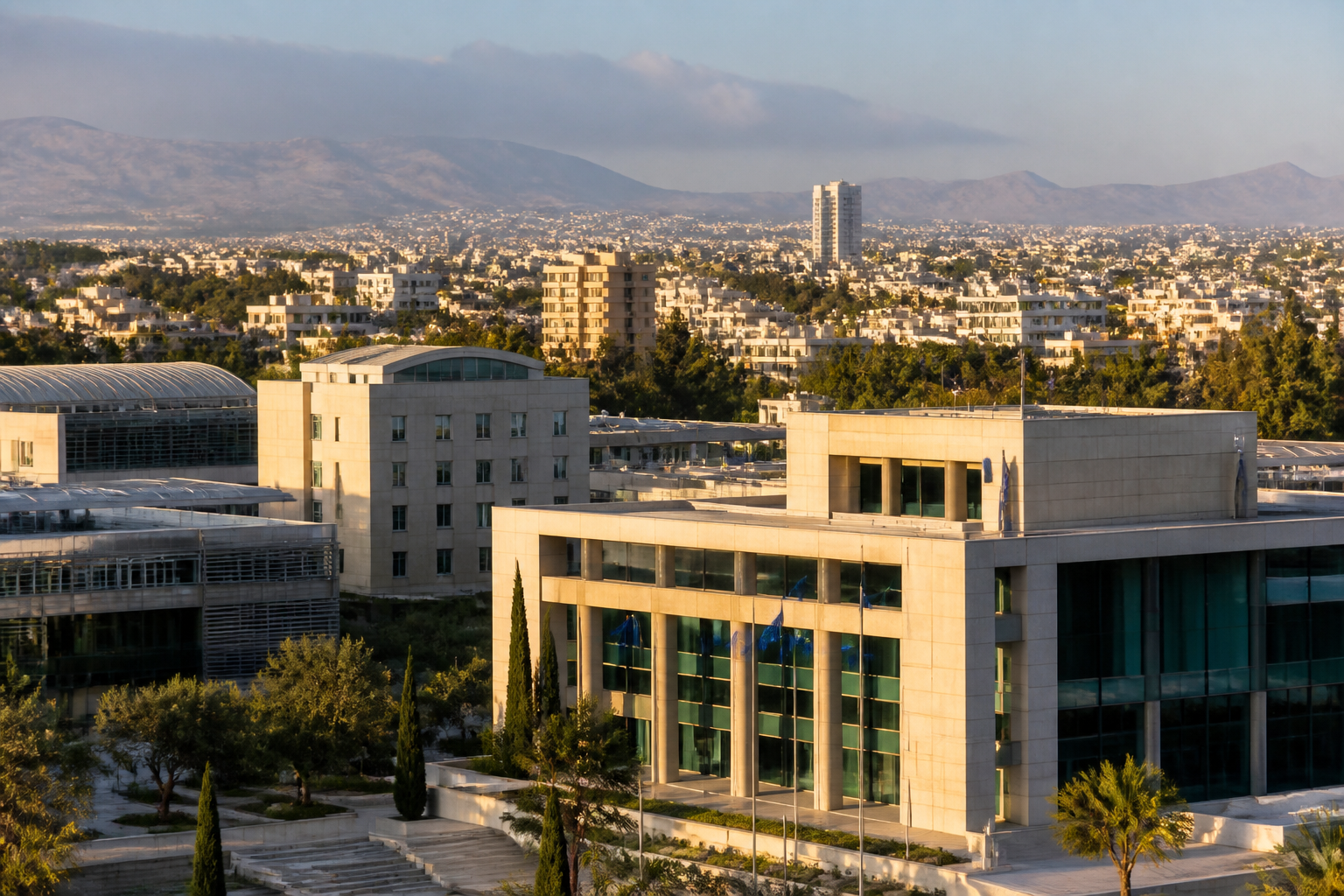 Blick auf Nikosia und EU-Flaggen als Symbol für Zyperns Rolle in Europa 2026