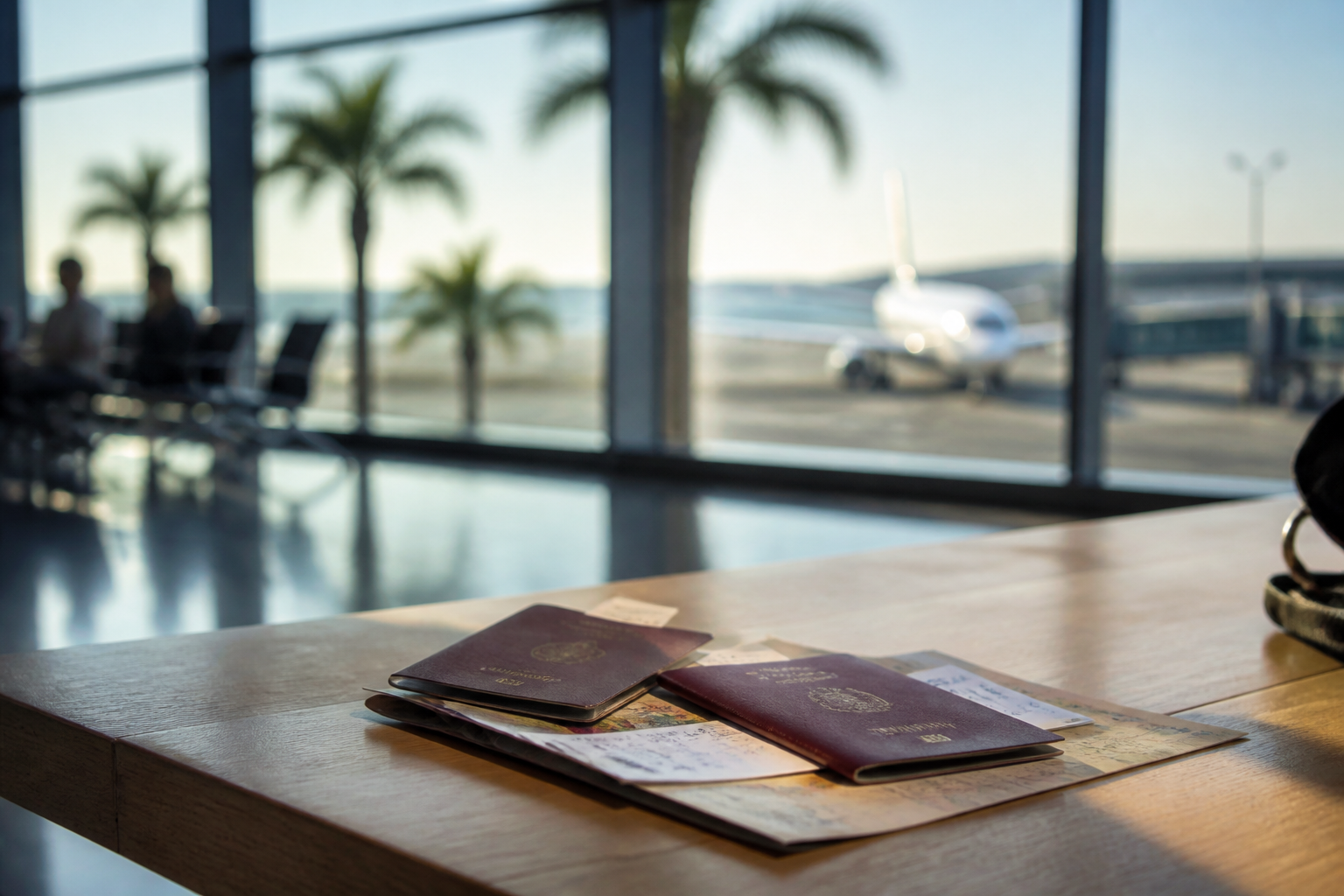 Flughafen Larnaka mit EU-Reisepass und Zypern-Karte als Symbol für Schengen und Auswanderung