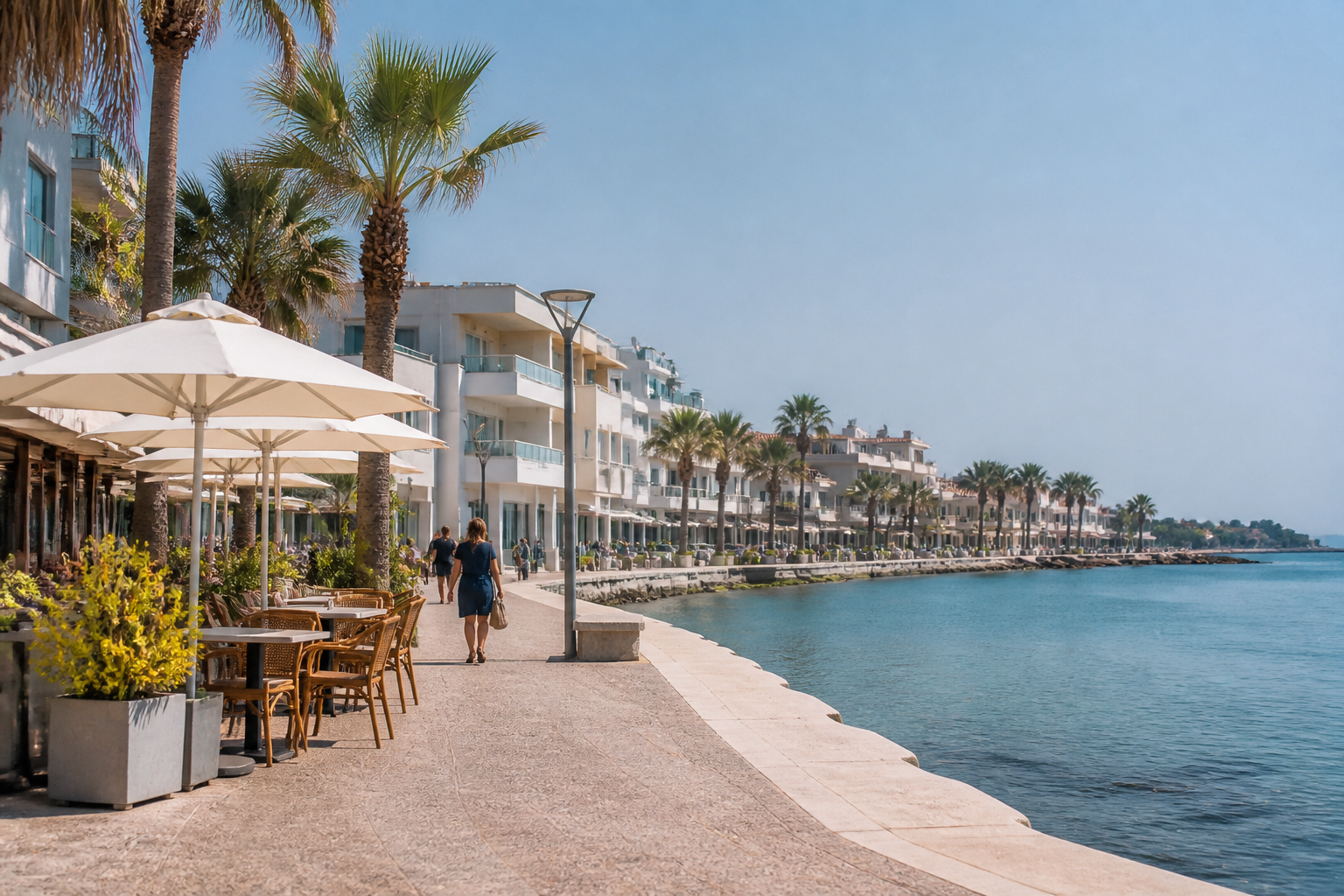 Blick auf eine touristische Küstenpromenade auf Zypern mit wenigen Urlaubern, Hotels und Mittelmeer bei klarem Sommerlicht